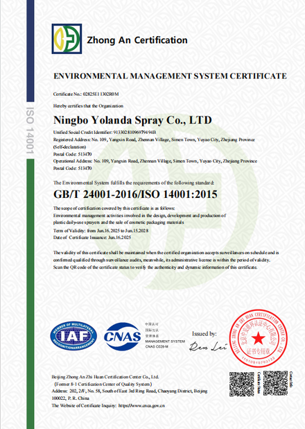 China Ningbo Yolanda Spray Co., Ltd. zertifizierungen